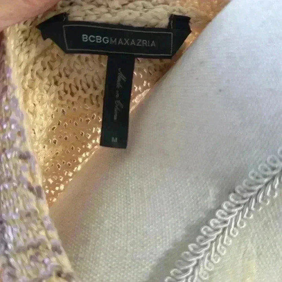 BCBG Max Azria Muiccia Foil Light Brown Gold Cable Knit V-Neck Sweater Dress M - Picture 5 of 5